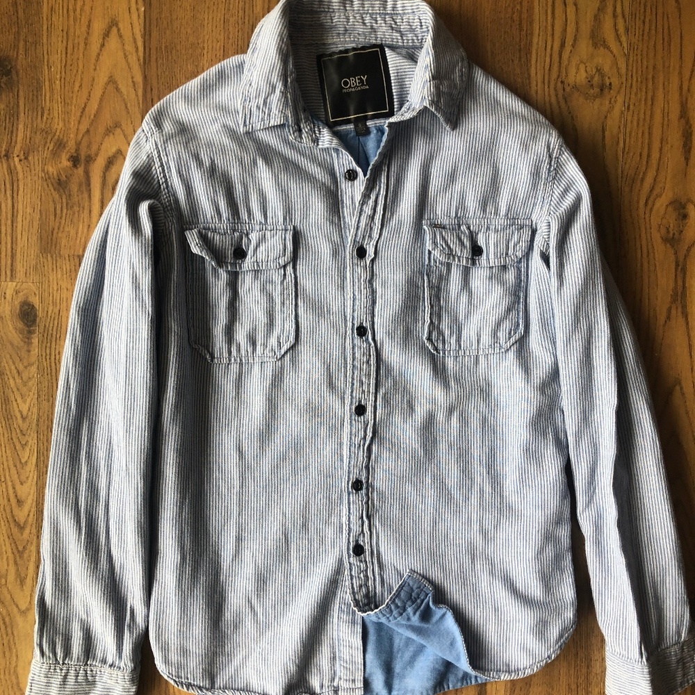 obey 2010 mens smal  long sleeve button down railroad stripe chambray blue